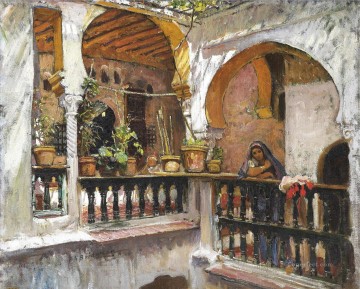 アラブ Painting - バルコニーの女性 アルジェ フレデリック・アーサー・ブリッジマン アラブ